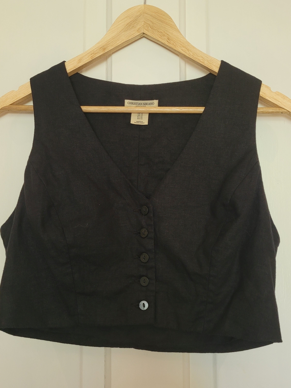 Christian Siriano Black Button-Front Cropped Vest, Linen blend